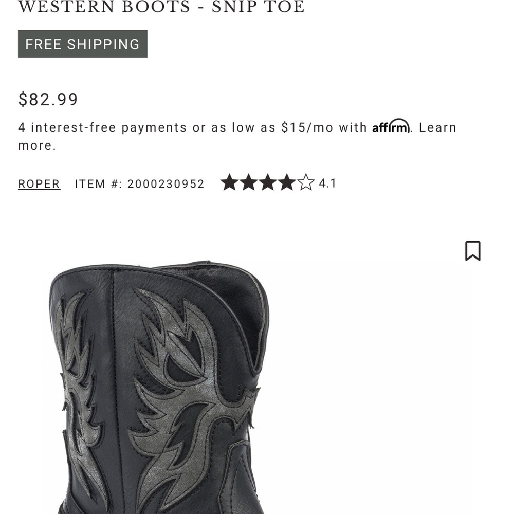 Roper Black Leather Snip Toe Boots